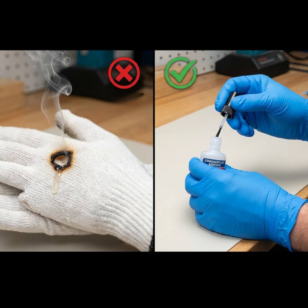 ilustracja BHP przy pracy z klejem cyjanoakrylowym