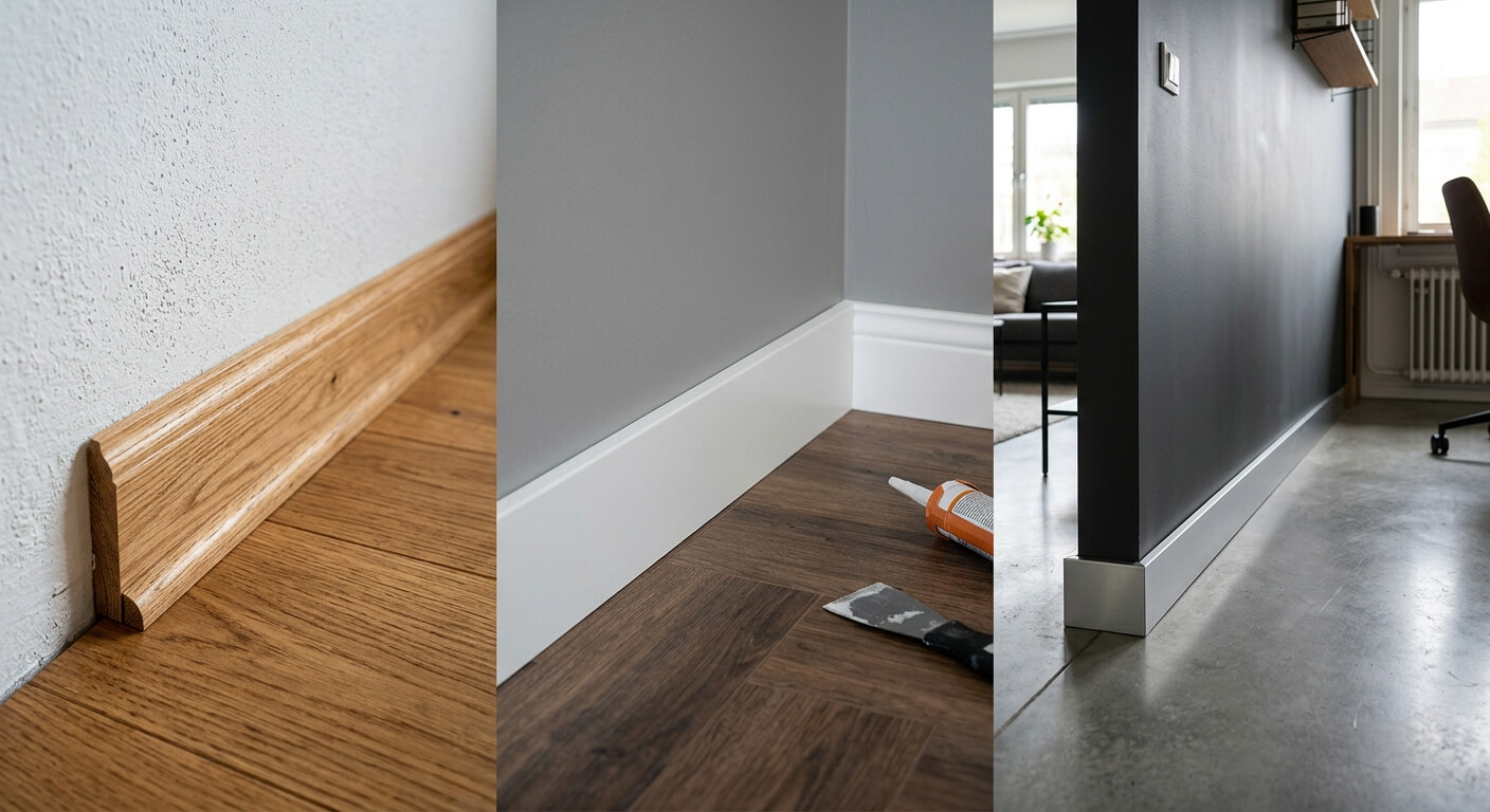 Zdjęcie prezentujące cztery różne rodzaje listew przypodłogowych zamontowanych w rzeczywistych wnętrzach: listwę MDF na białej ścianie, klasyczną drewnianą, nowoczesną białą z tworzywa sztucznego oraz smukłą aluminiową na tle szarego tynku, każda pokazana w kontekście odpowiedniej podłogi (panele, parkiet, gres)