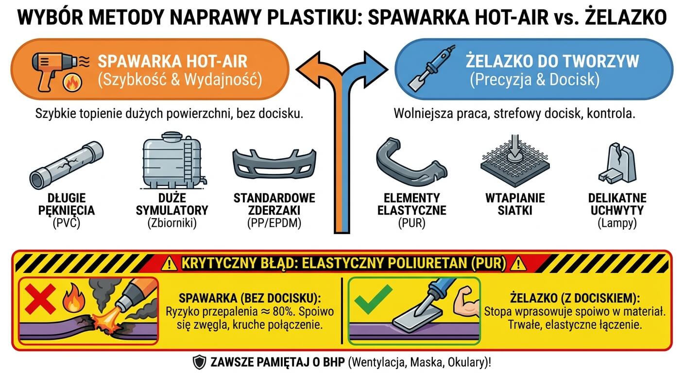 Ikonografika porównująca metody naprawy tworzyw: Spawarka gorącym powietrzem (Hot-Air) kontra Żelazko do plastiku