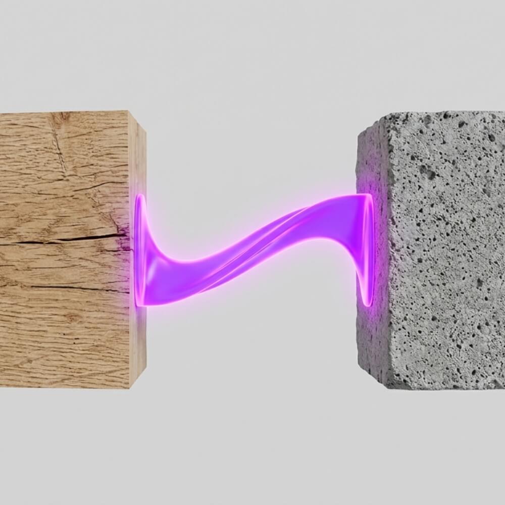 Minimalistyczne, artystyczne ujęcie łączące dwa skrajnie różne materiały: surową, pękniętą deskę drewna dębowego i porowaty, szary blok betonu. Pomiędzy nimi znajduje się elastyczna, świecąca warstwa kleju, symbolizująca trwałą spoinę. Tło jest neutralne, jasnoszare.